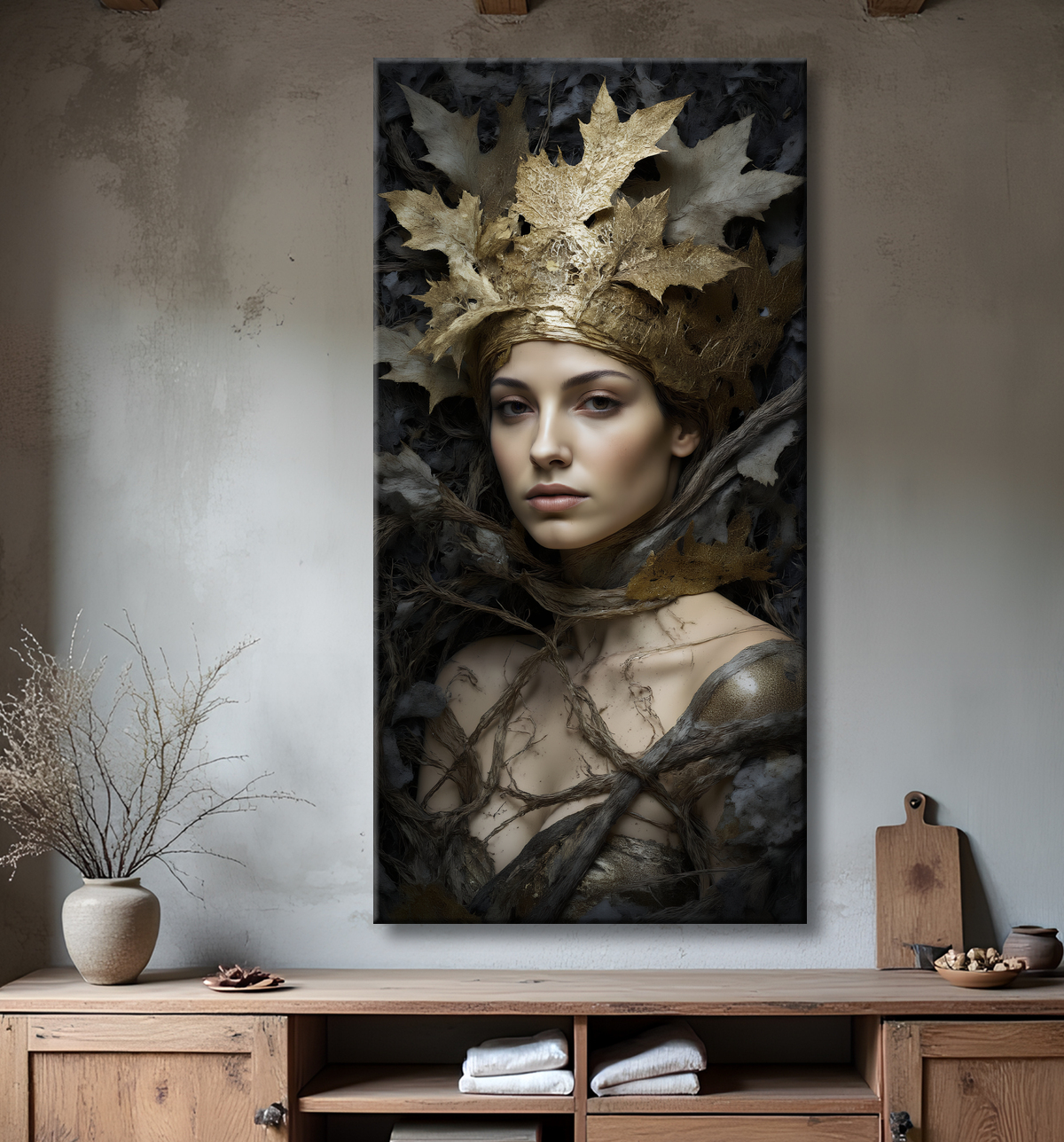 Tableau portrait féminin mystique et végétal avec decor