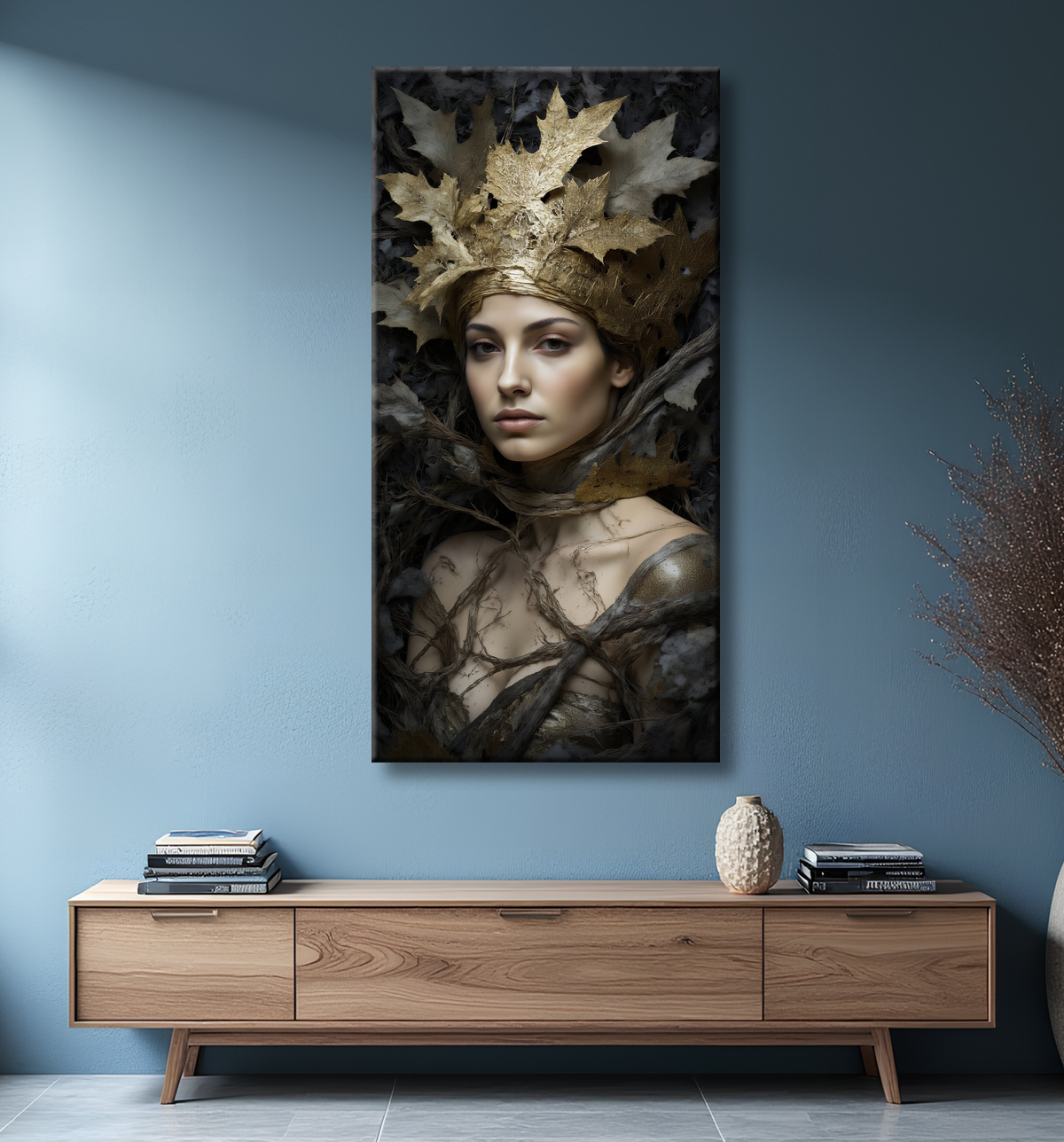 Tableau portrait féminin mystique et végétal avec decor
