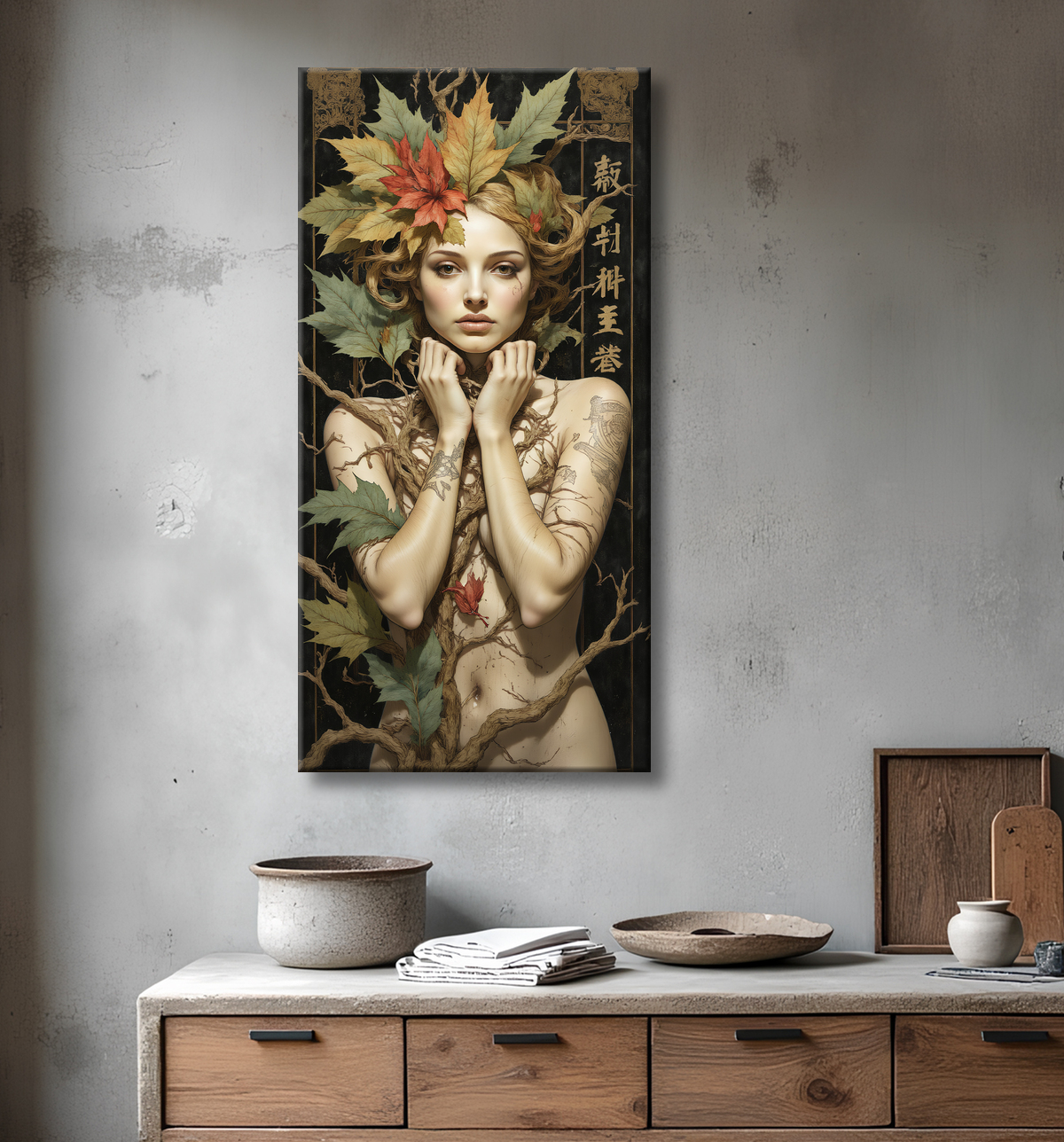 Tableau portrait féminin mystique et végétal avec decor