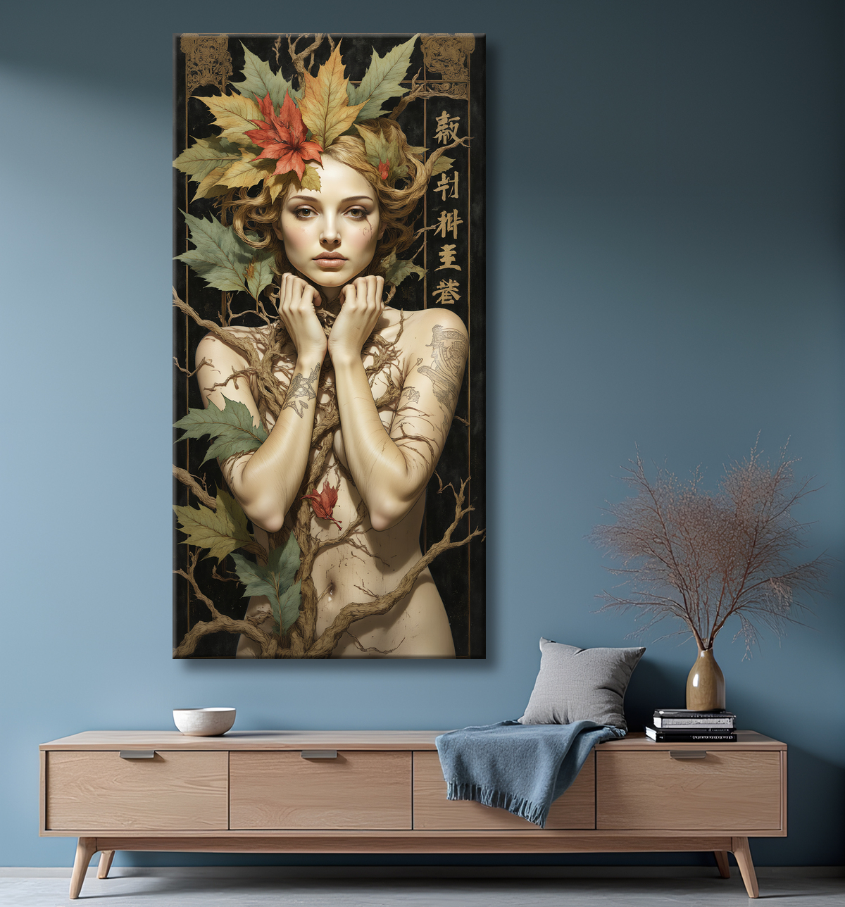 Tableau portrait féminin mystique et végétal avec decor