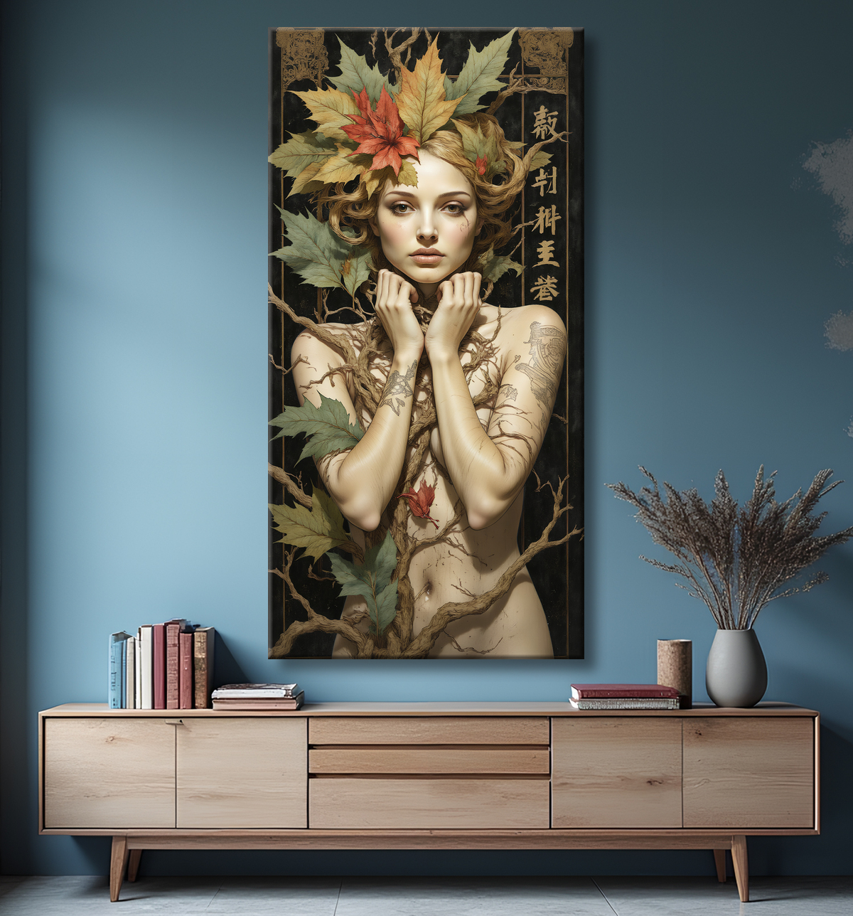 Tableau portrait féminin mystique et végétal avec decor