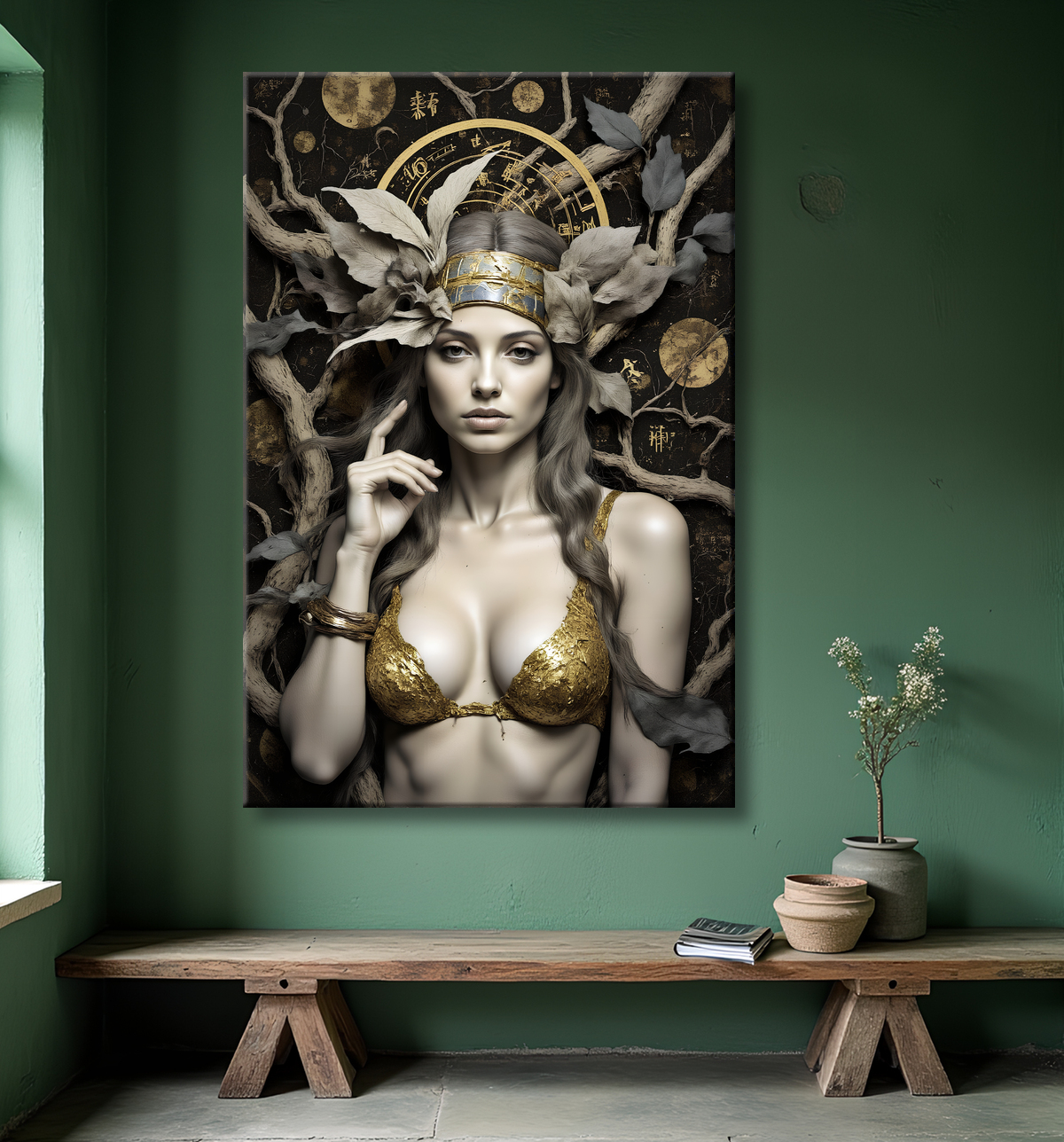 Tableau portrait féminin mystique et végétal avec decor