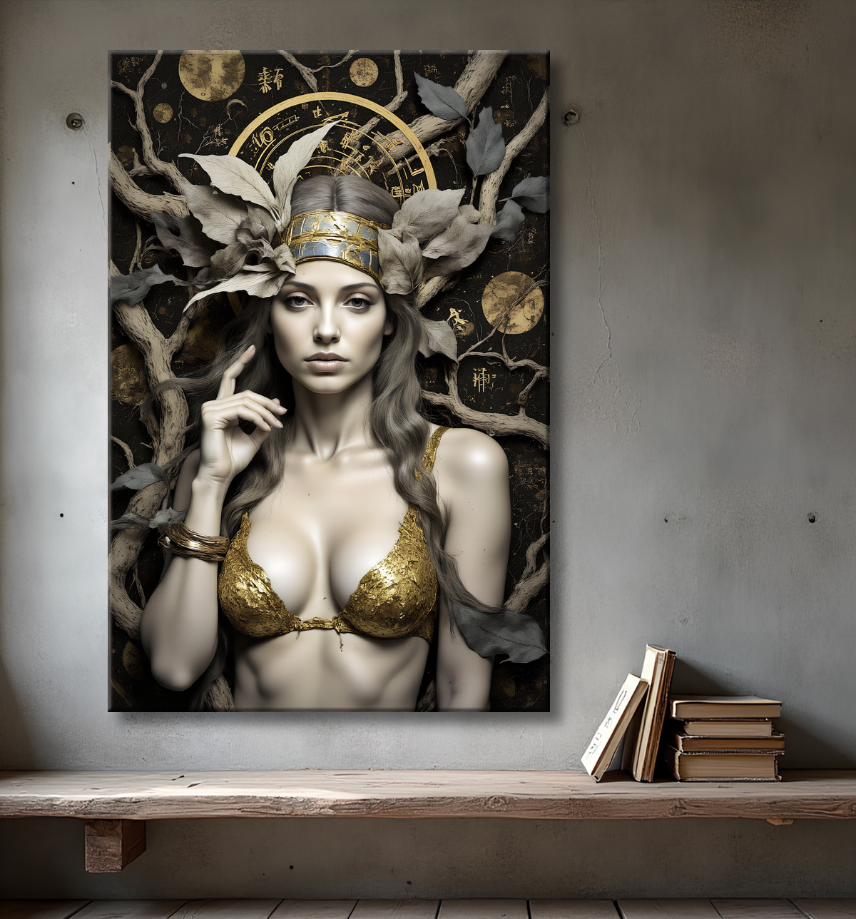 Tableau portrait féminin mystique et végétal avec decor