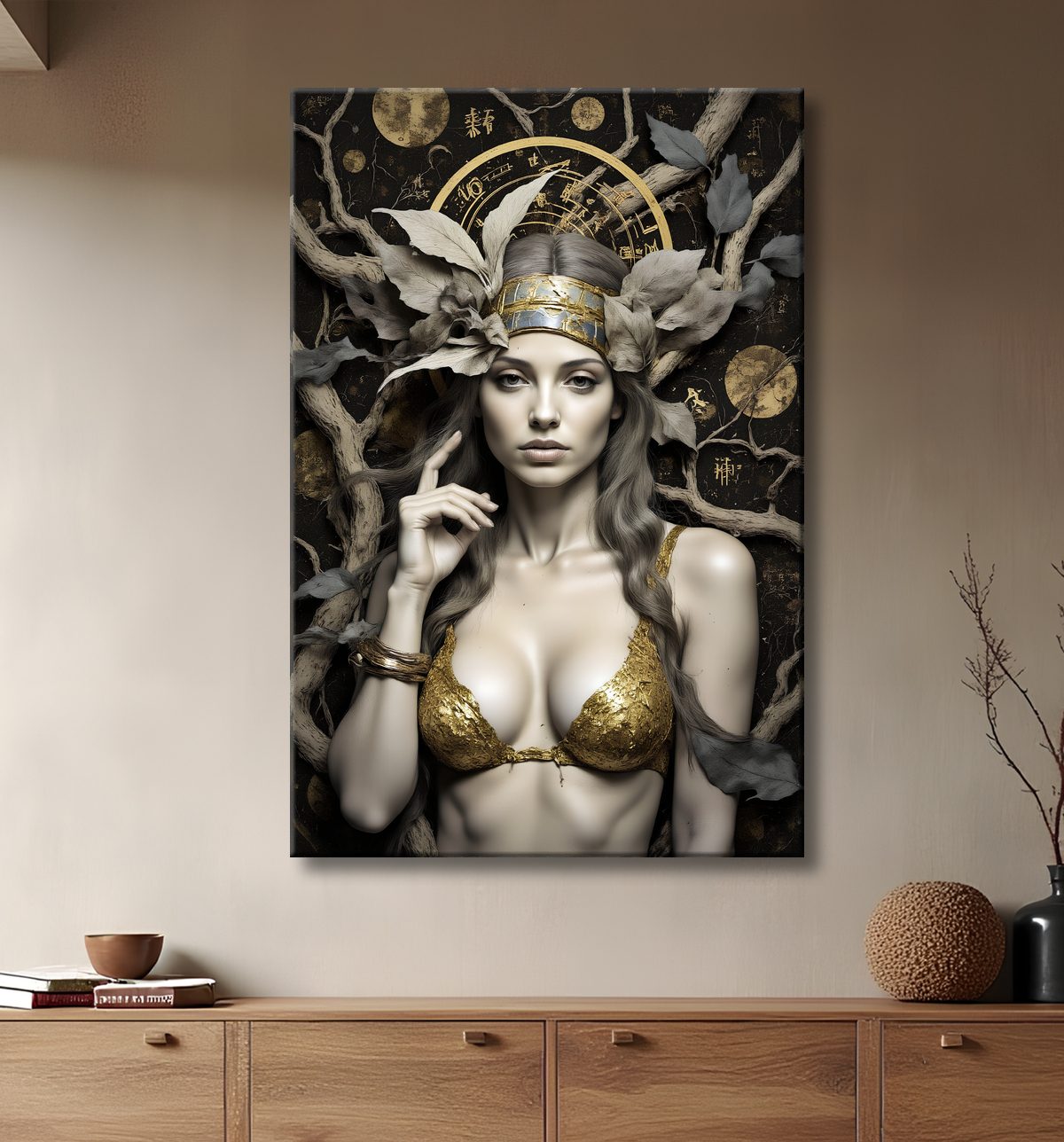 Tableau portrait féminin mystique et végétal avec decor