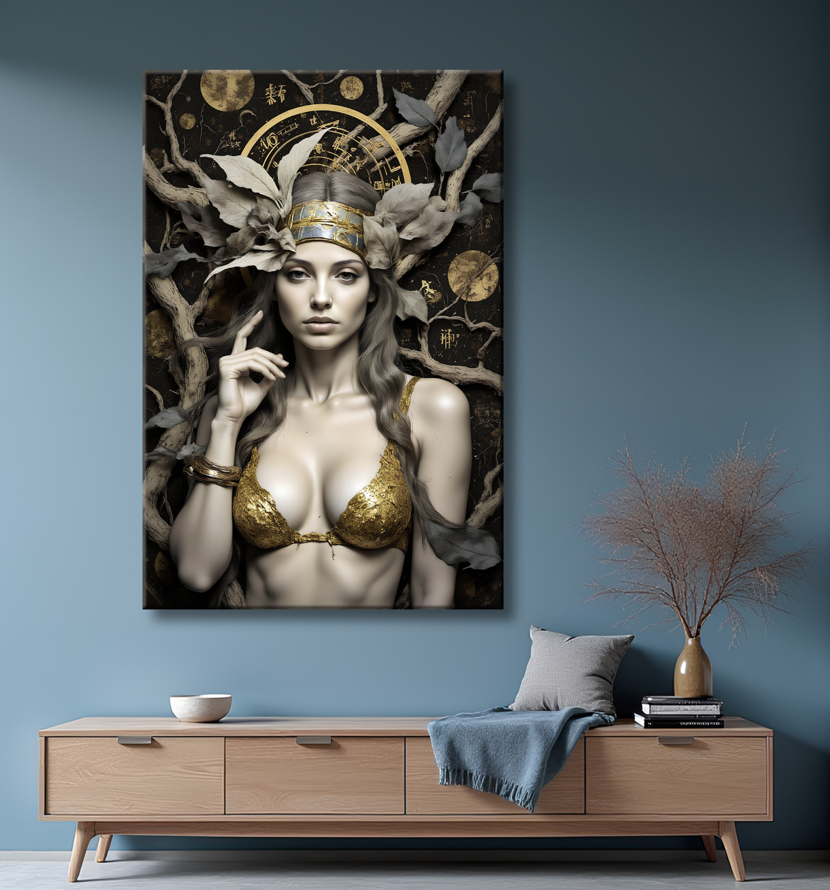 Tableau portrait féminin mystique et végétal avec decor