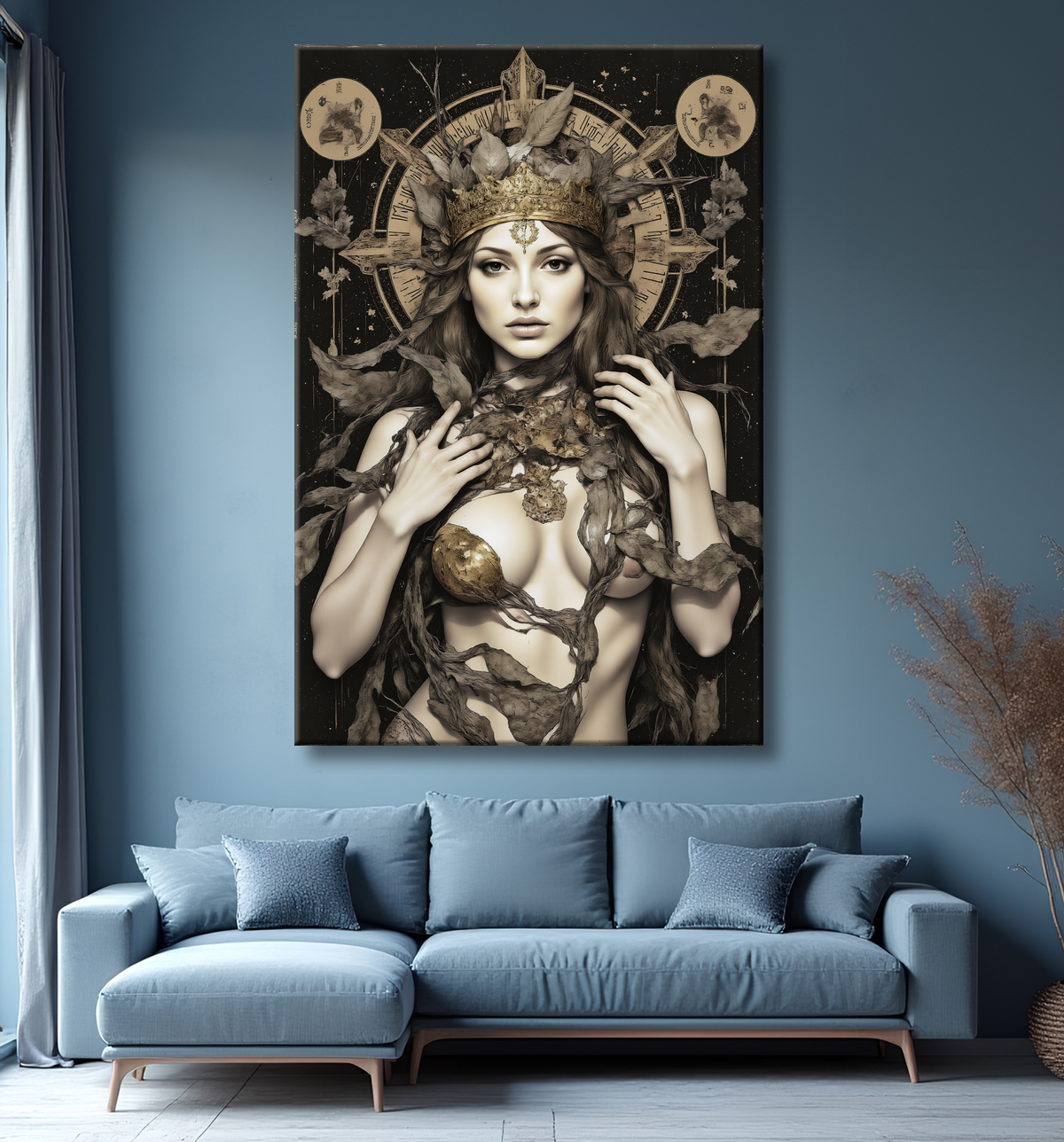 Tableau portrait féminin mystique et végétal avec decor