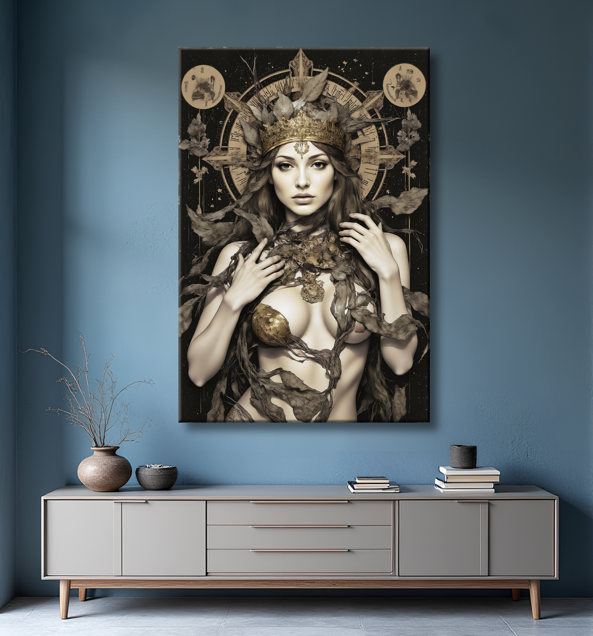 Tableau portrait féminin mystique et végétal avec decor