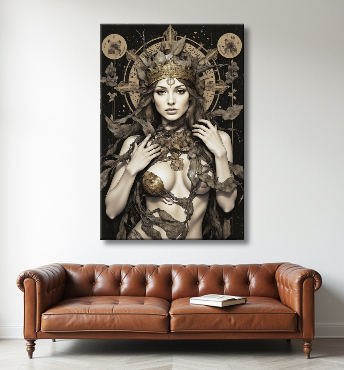 Tableau portrait féminin mystique et végétal avec decor