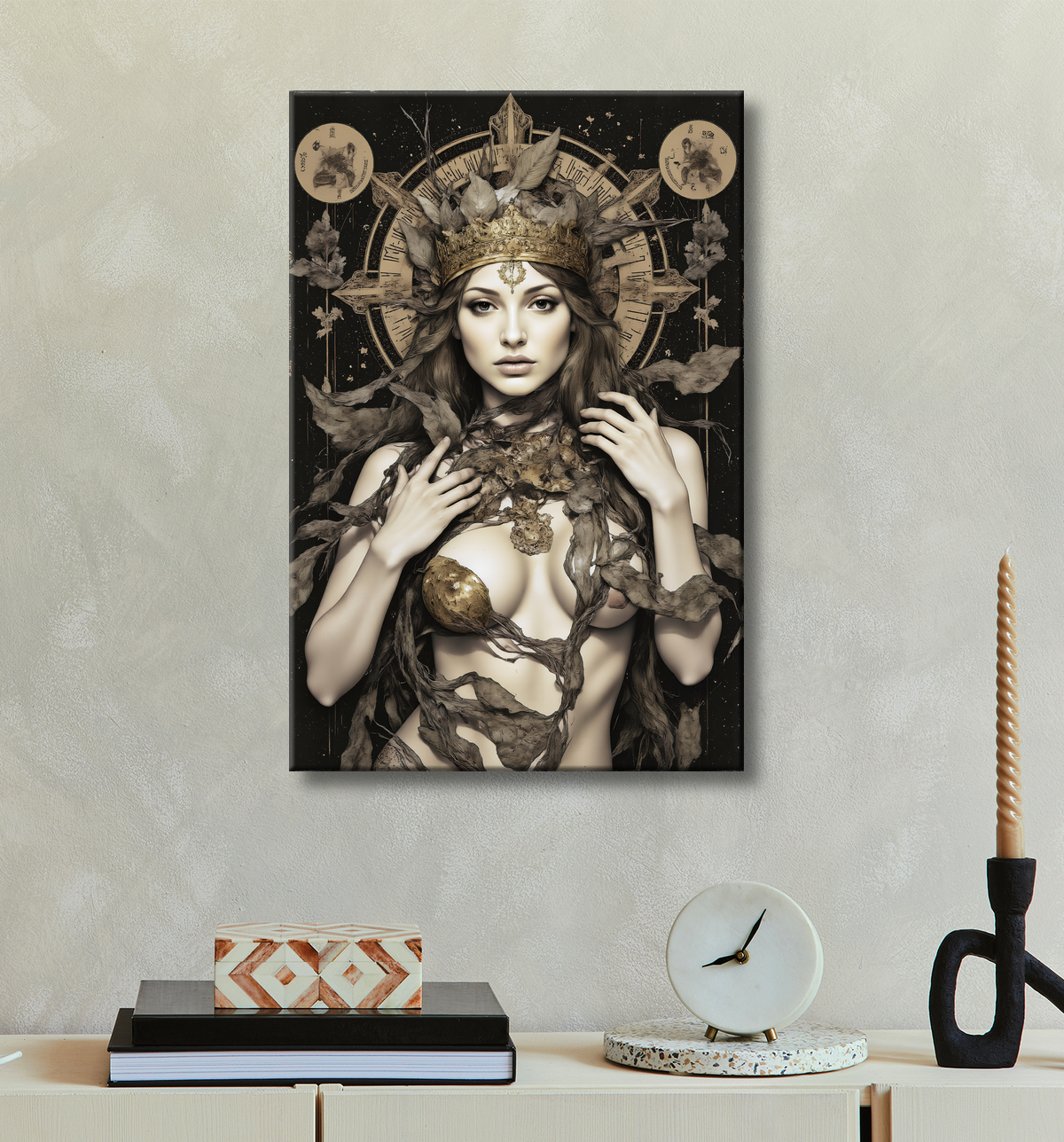 Tableau portrait féminin mystique et végétal avec decor