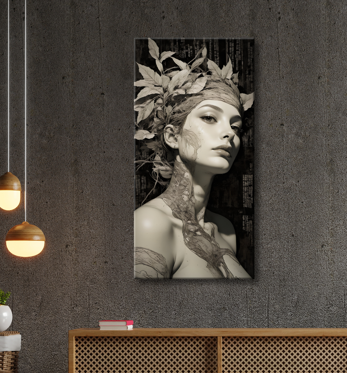 Tableau portrait féminin mystique et végétal avec decor