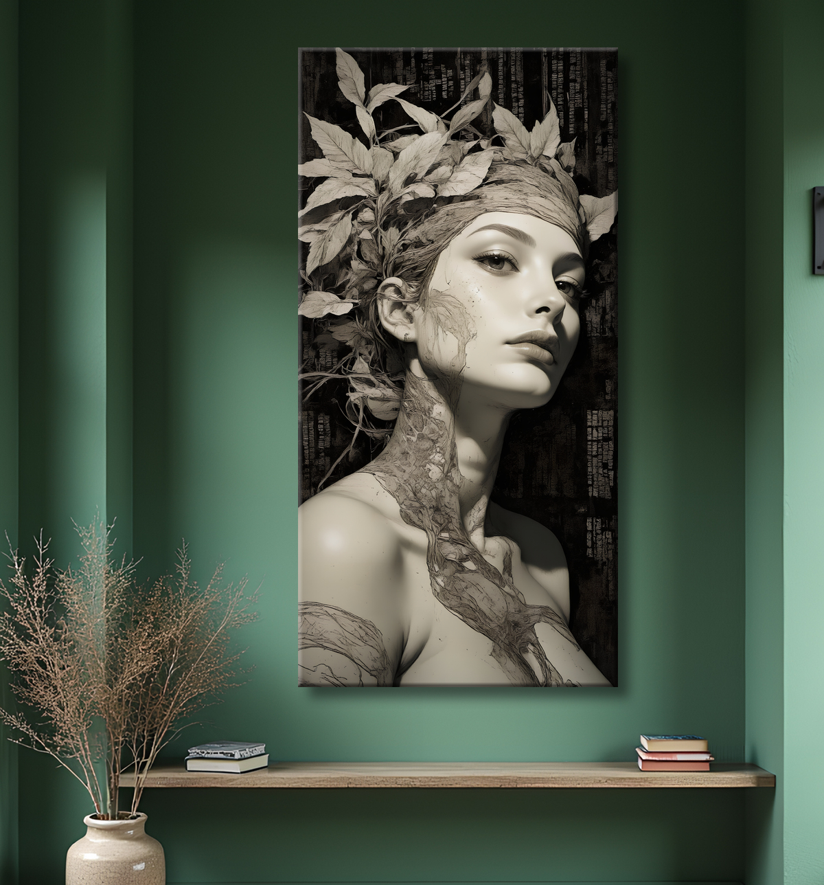 Tableau portrait féminin mystique et végétal avec decor