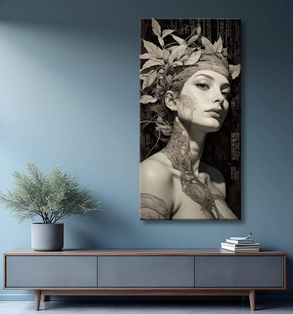 Tableau portrait féminin mystique et végétal avec decor