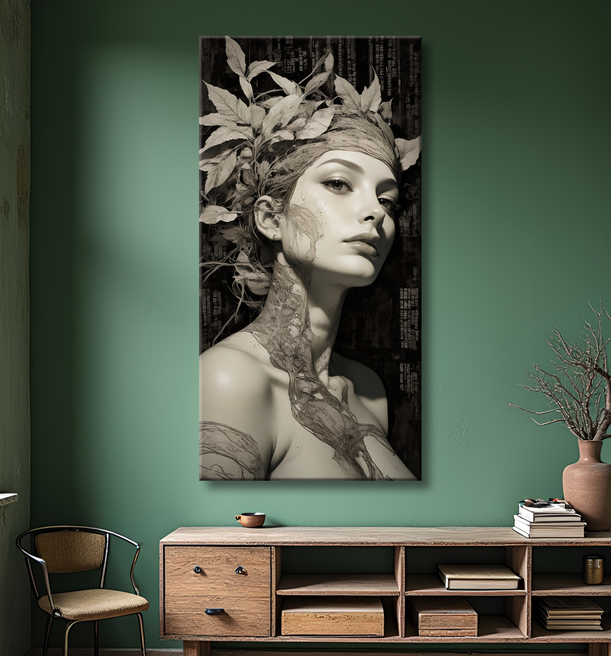 Tableau portrait féminin mystique et végétal avec decor