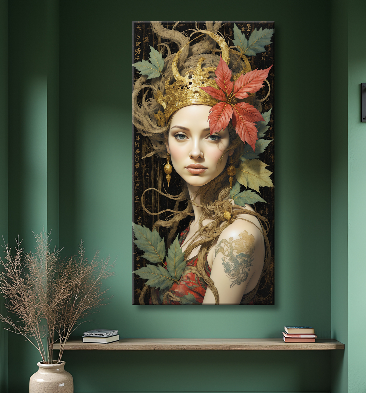Tableau portrait féminin mystique et végétal avec decor