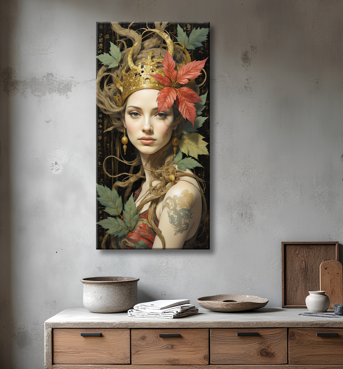 Tableau portrait féminin mystique et végétal avec decor