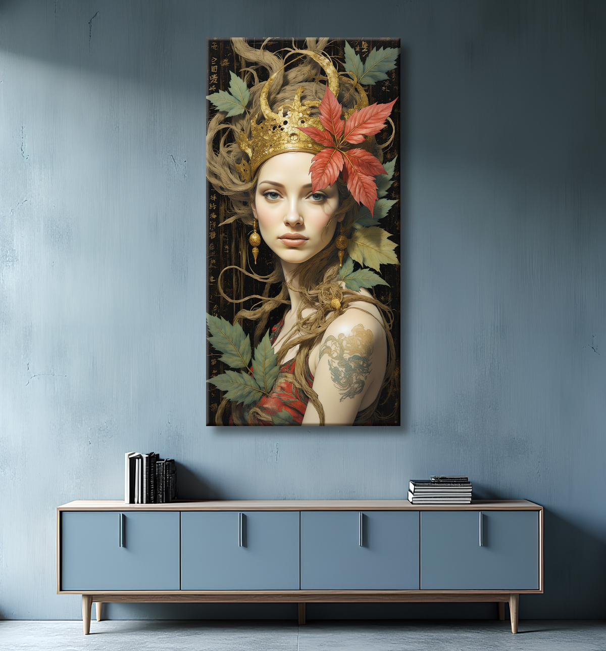 Tableau portrait féminin mystique et végétal avec decor