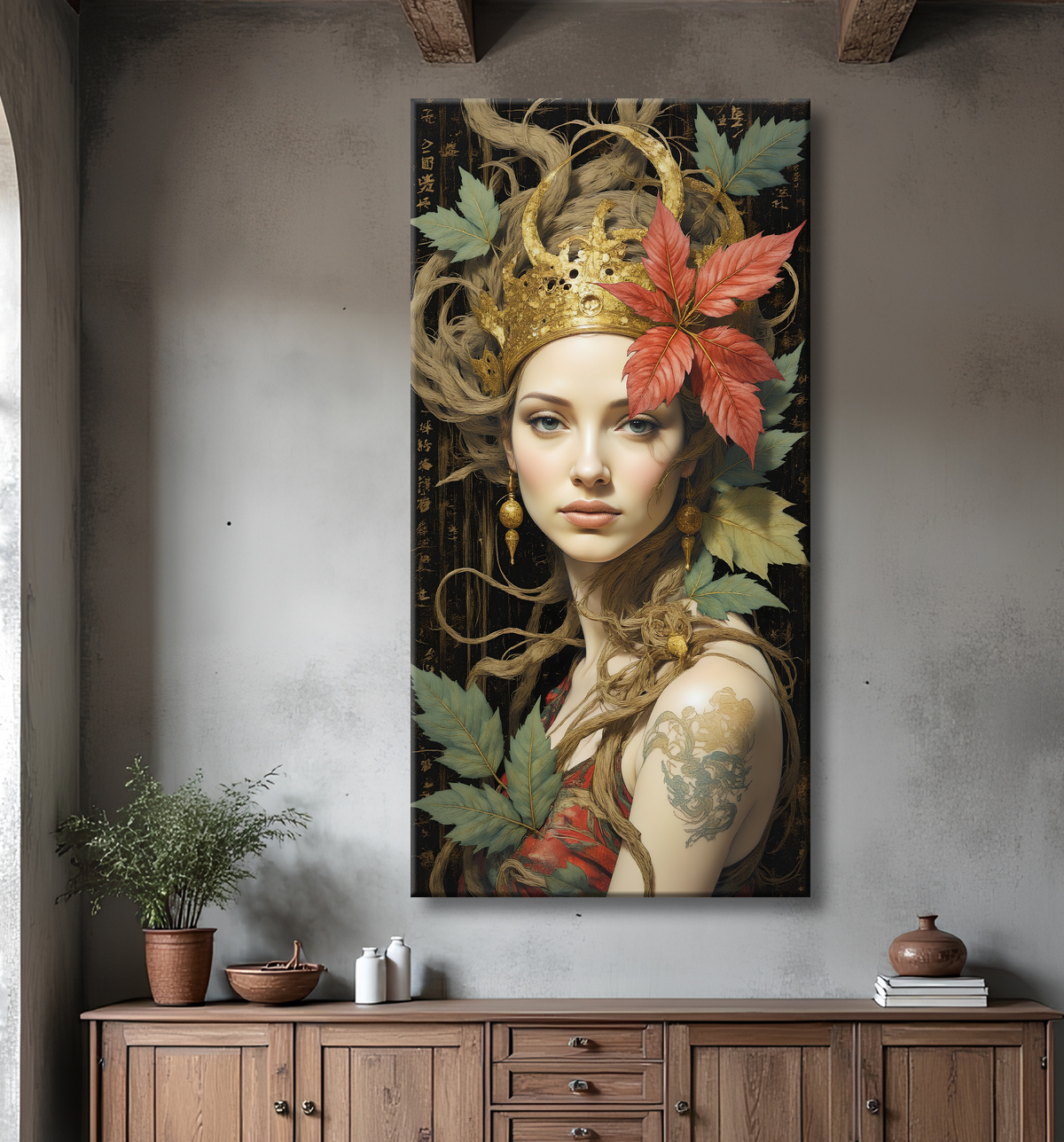 Tableau portrait féminin mystique et végétal avec decor