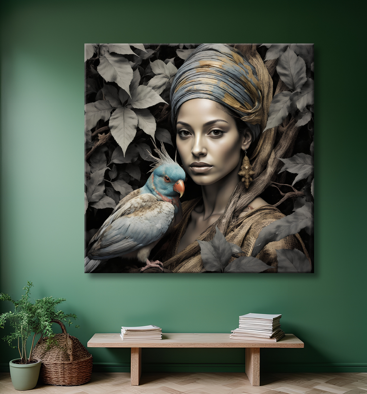 Tableau portrait féminin mystique et végétal avec decor