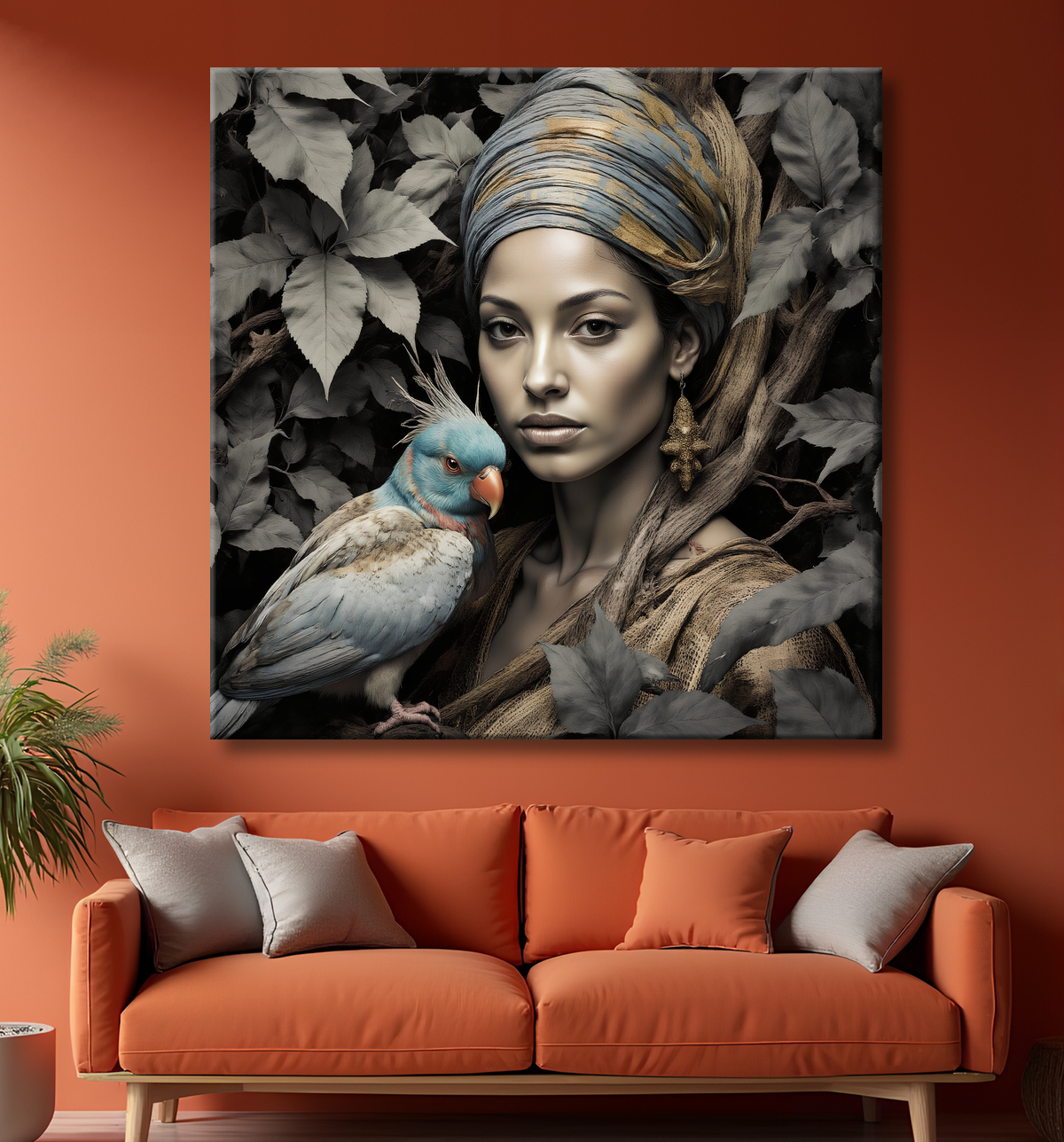 Tableau portrait féminin mystique et végétal avec decor