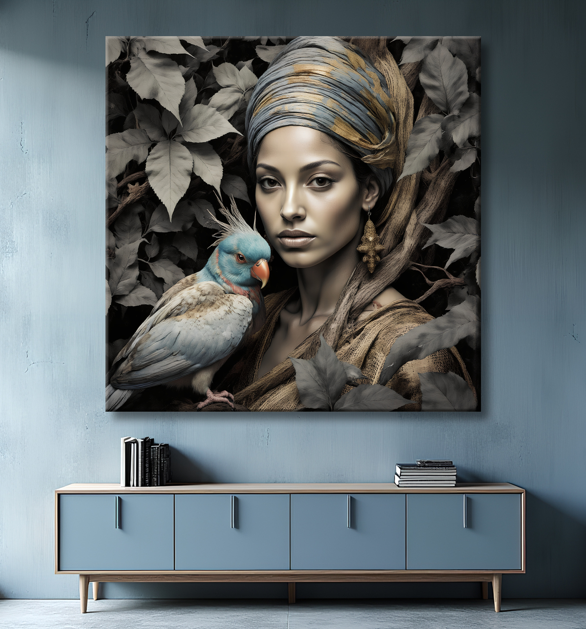Tableau portrait féminin mystique et végétal avec decor