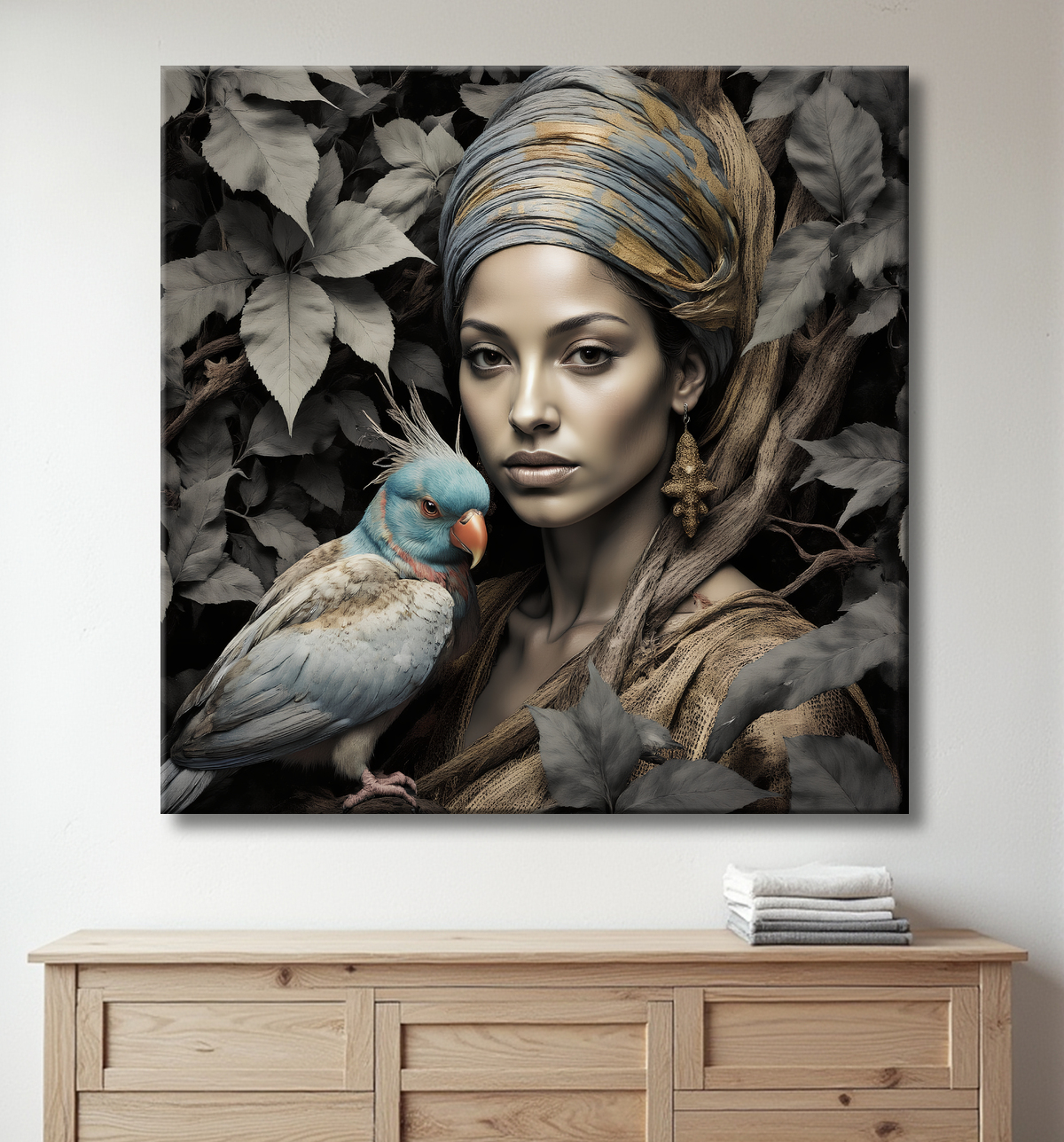 Tableau portrait féminin mystique et végétal avec decor