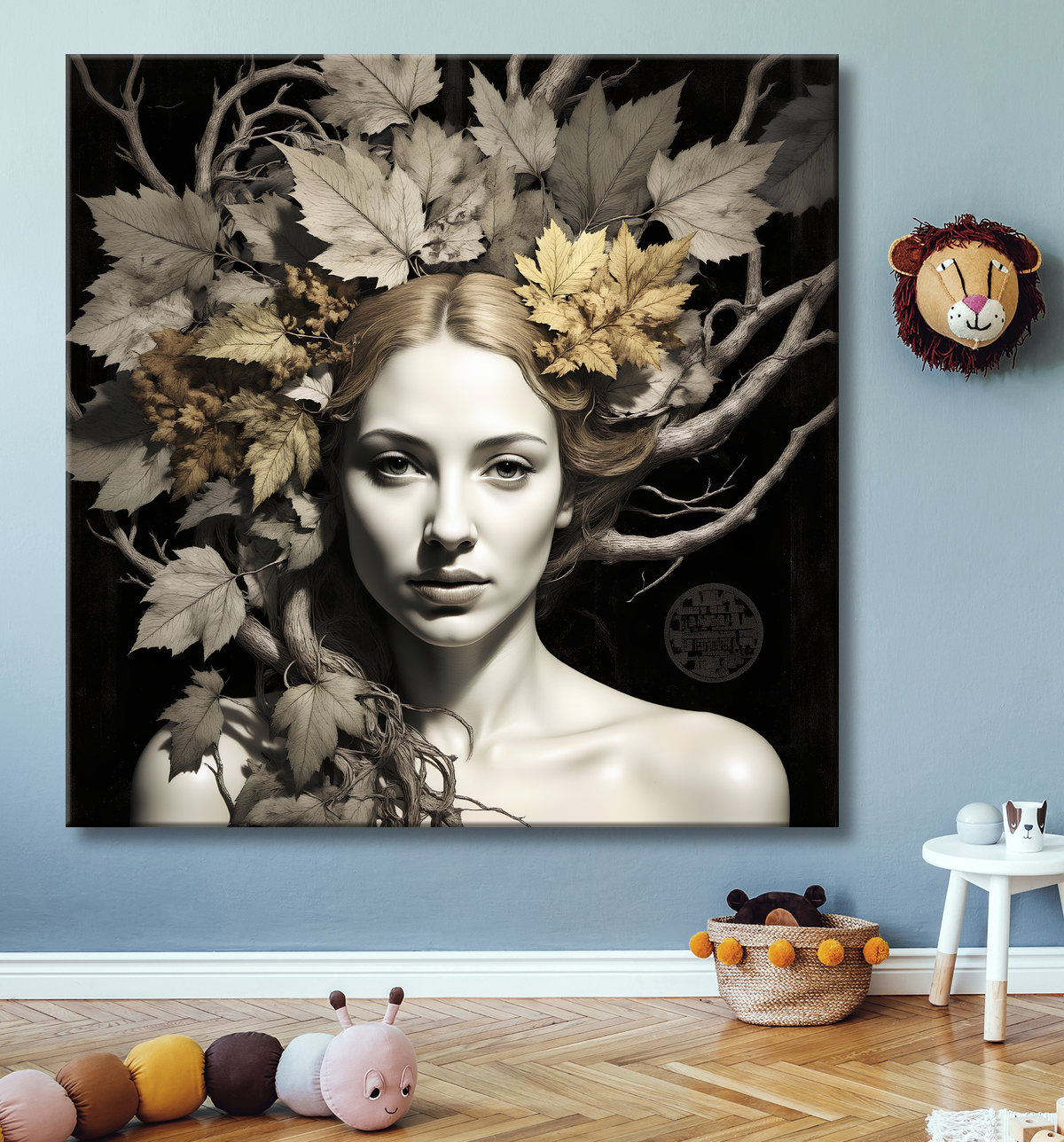Tableau portrait féminin mystique et végétal avec decor