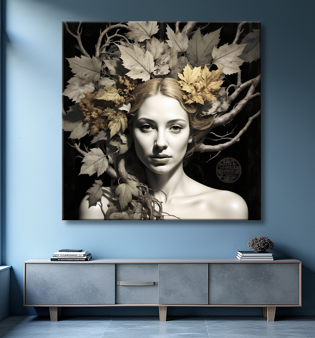 Tableau portrait féminin mystique et végétal avec decor