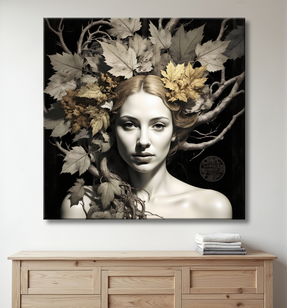 Tableau portrait féminin mystique et végétal avec decor