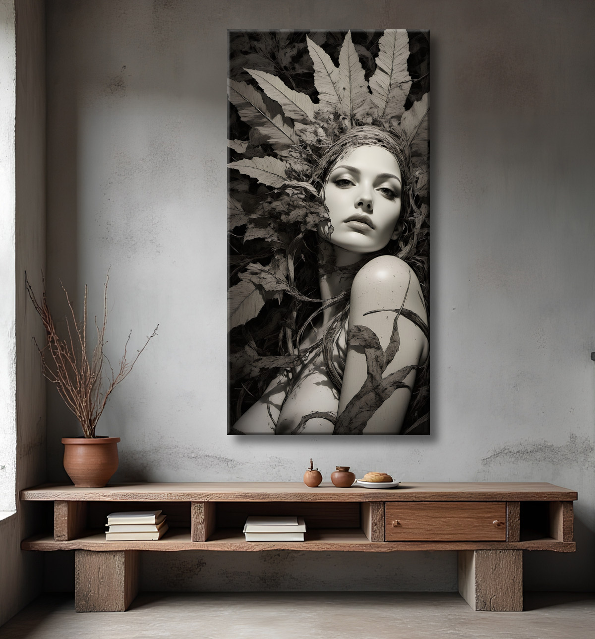Tableau portrait féminin mystique et végétal avec decor