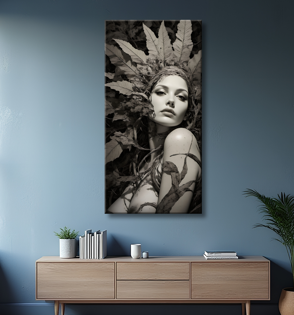 Tableau portrait féminin mystique et végétal avec decor