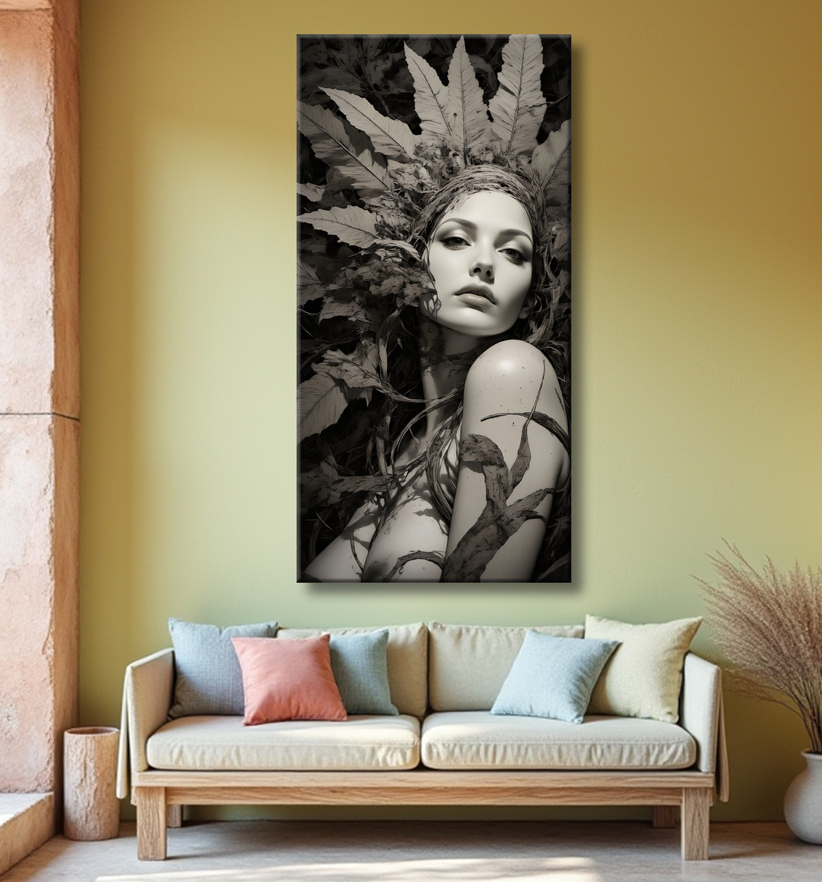 Tableau portrait féminin mystique et végétal avec decor