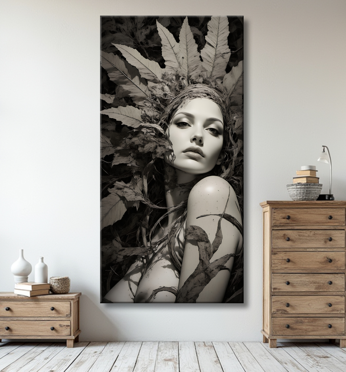 Tableau portrait féminin mystique et végétal avec decor