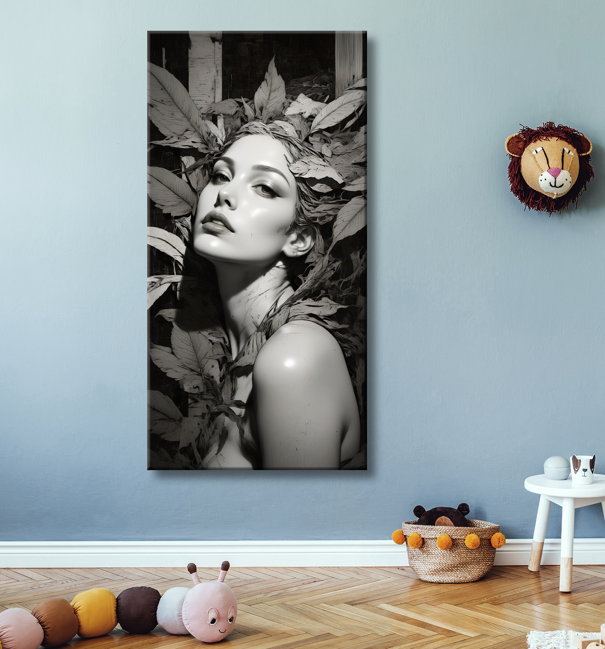 Tableau portrait féminin mystique et végétal avec decor