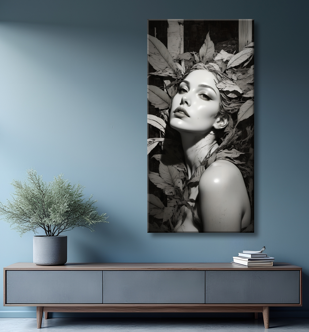 Tableau portrait féminin mystique et végétal avec decor