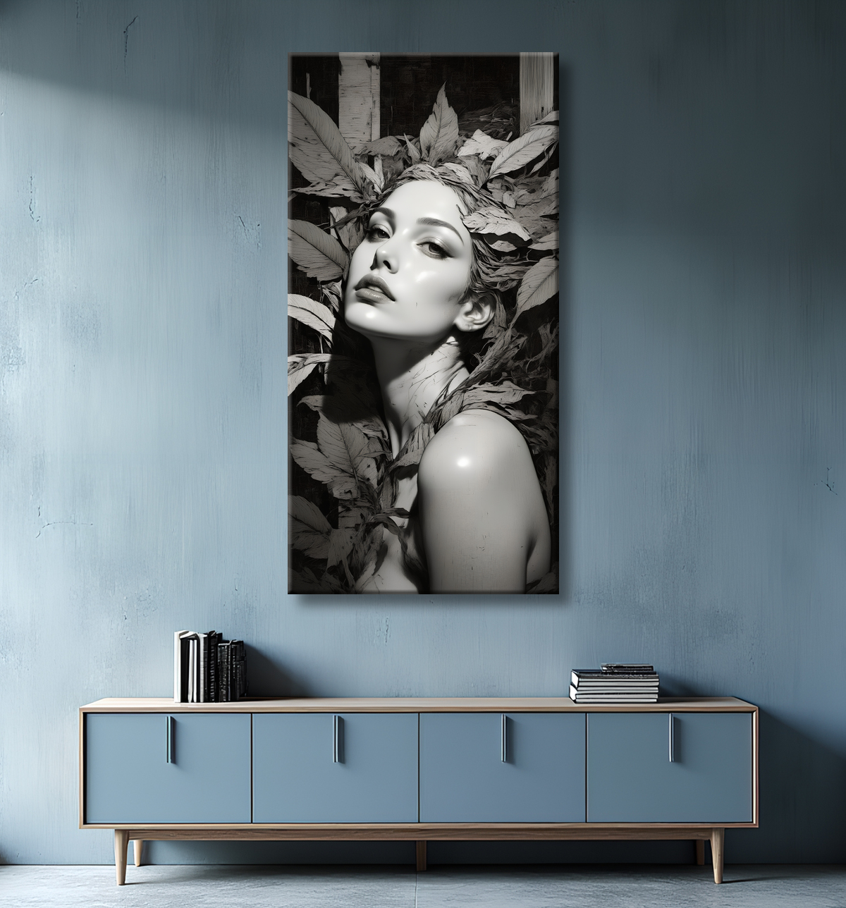 Tableau portrait féminin mystique et végétal avec decor
