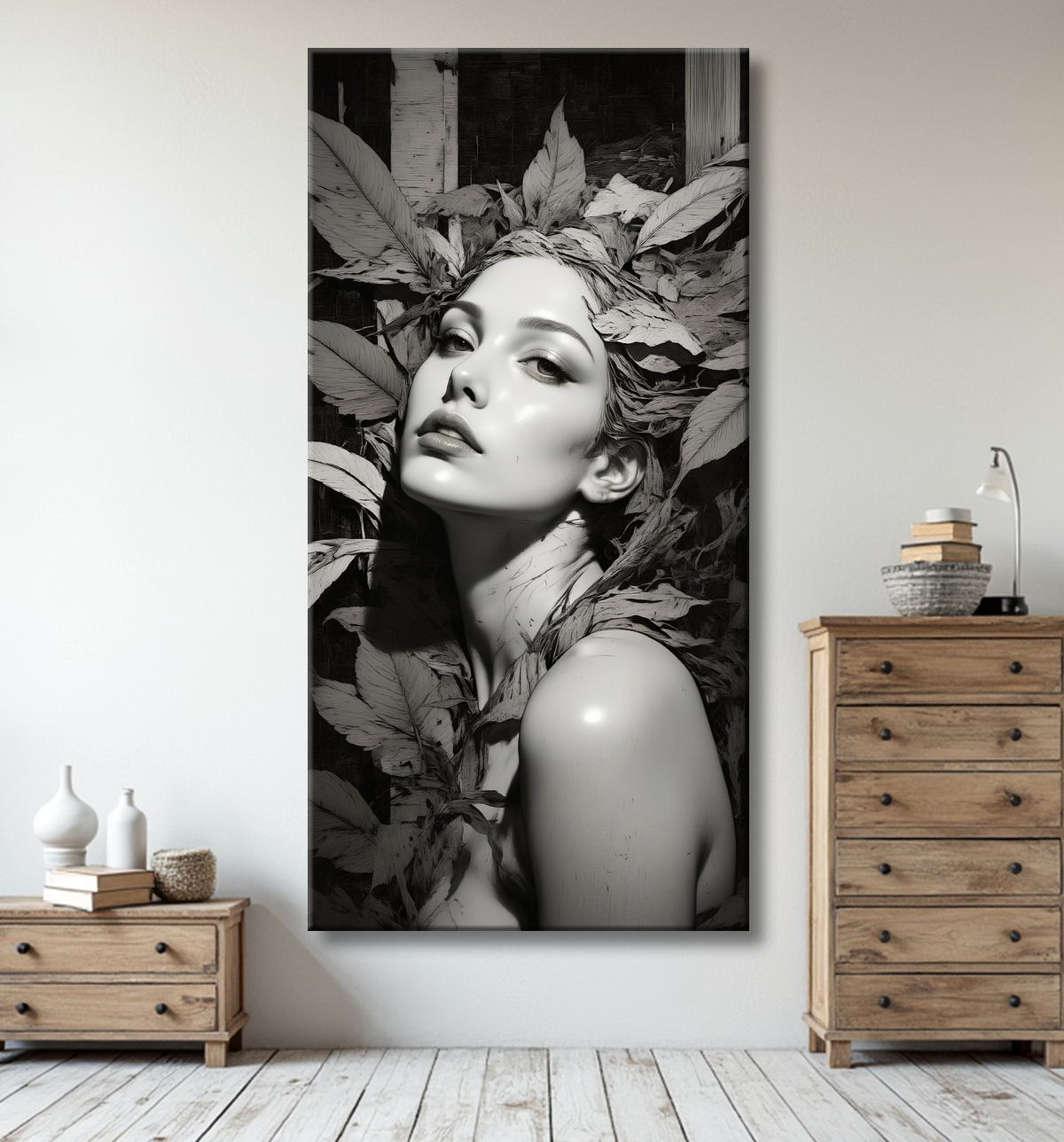 Tableau portrait féminin mystique et végétal avec decor