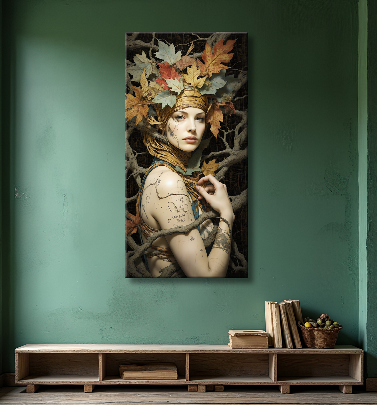 Tableau portrait féminin mystique et végétal avec decor