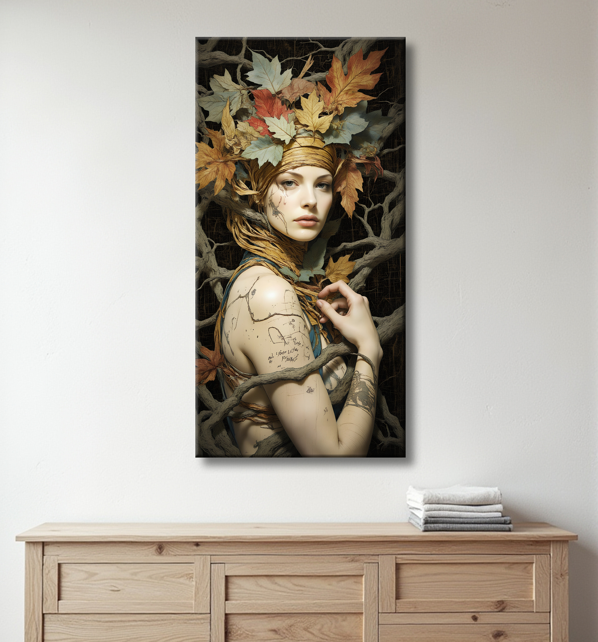 Tableau portrait féminin mystique et végétal avec decor