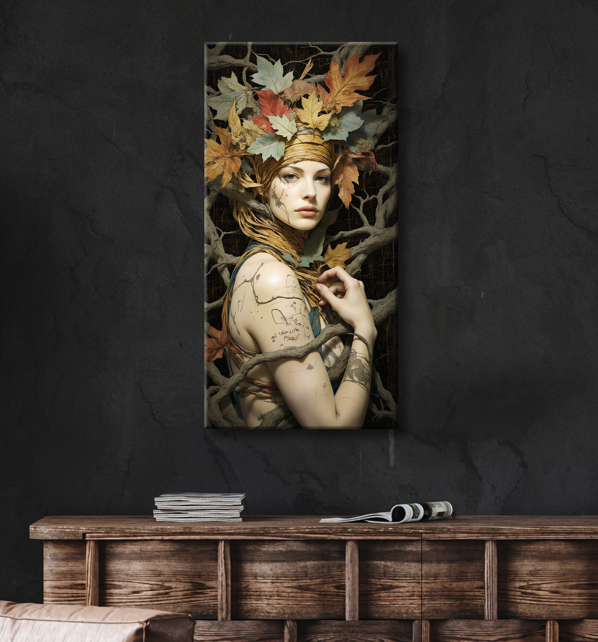Tableau portrait féminin mystique et végétal avec decor