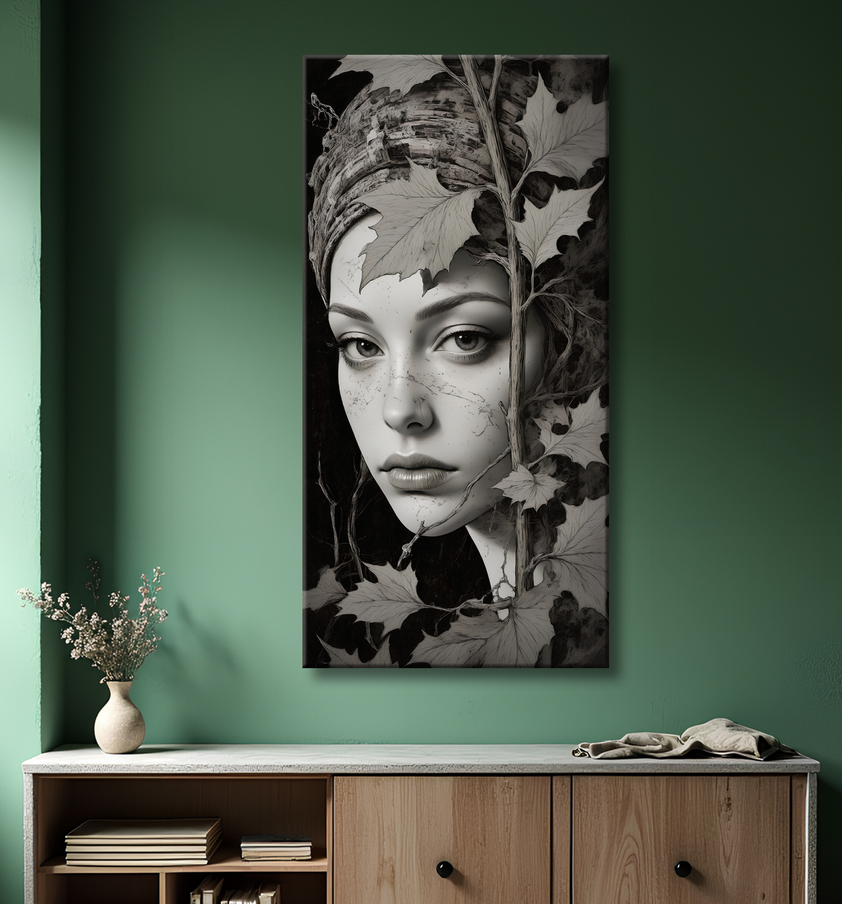 Tableau portrait féminin mystique et végétal avec decor