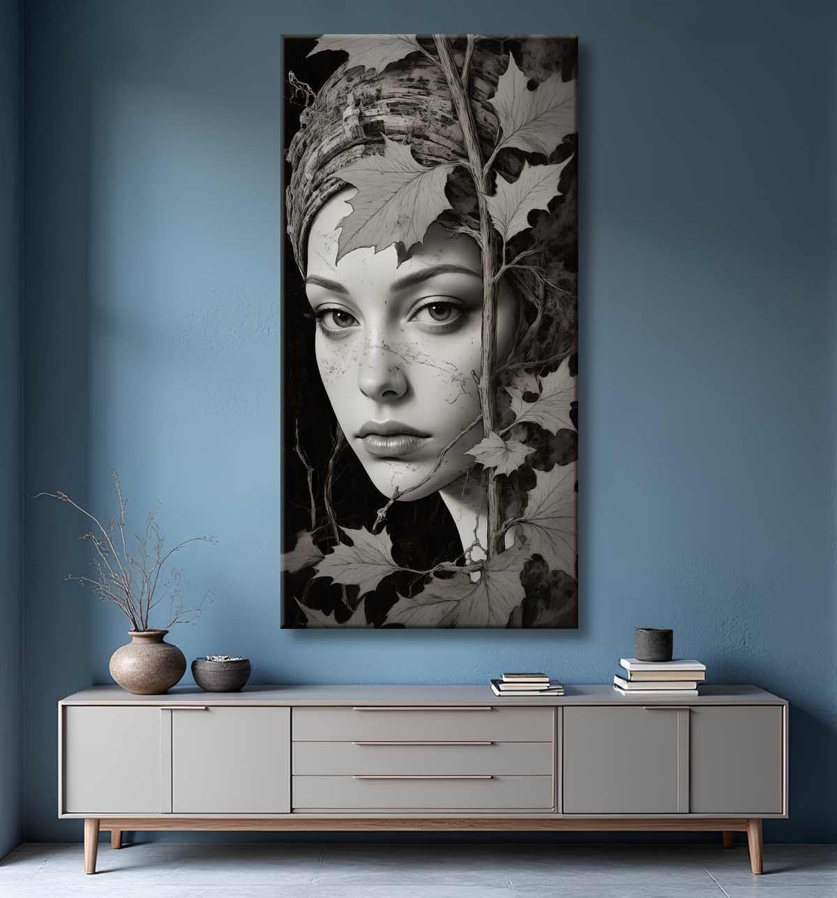 Tableau portrait féminin mystique et végétal avec decor
