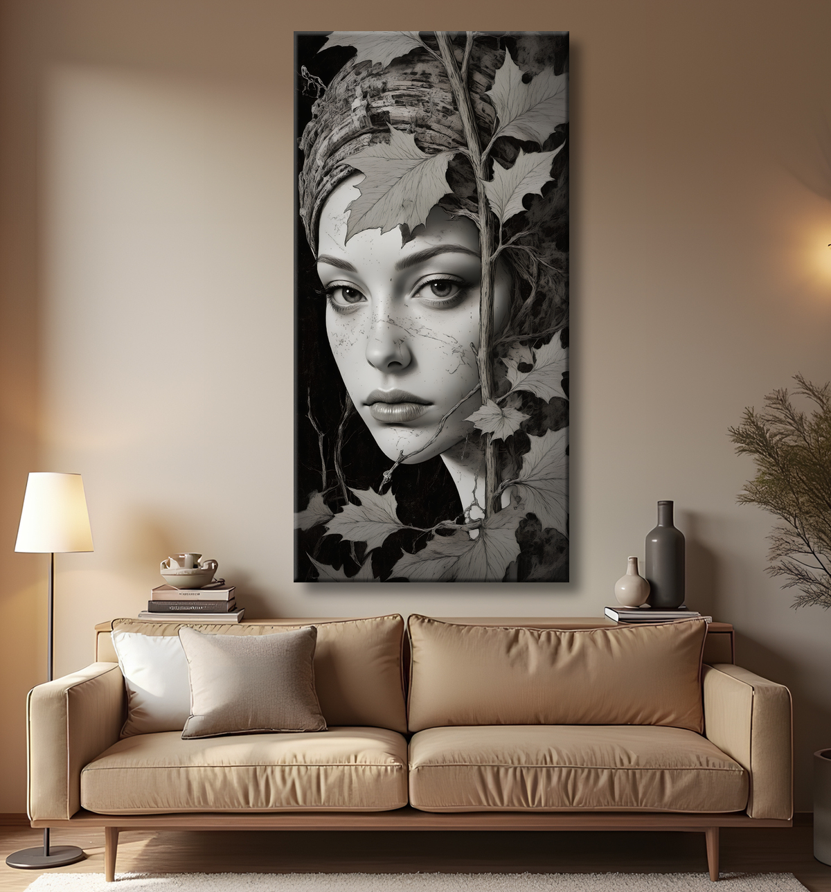 Tableau portrait féminin mystique et végétal avec decor