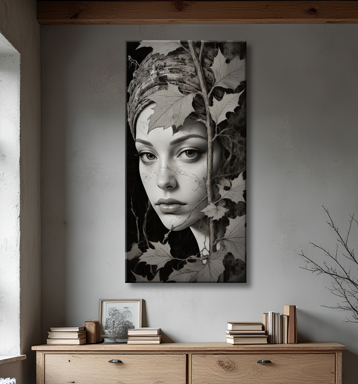 Tableau portrait féminin mystique et végétal avec decor