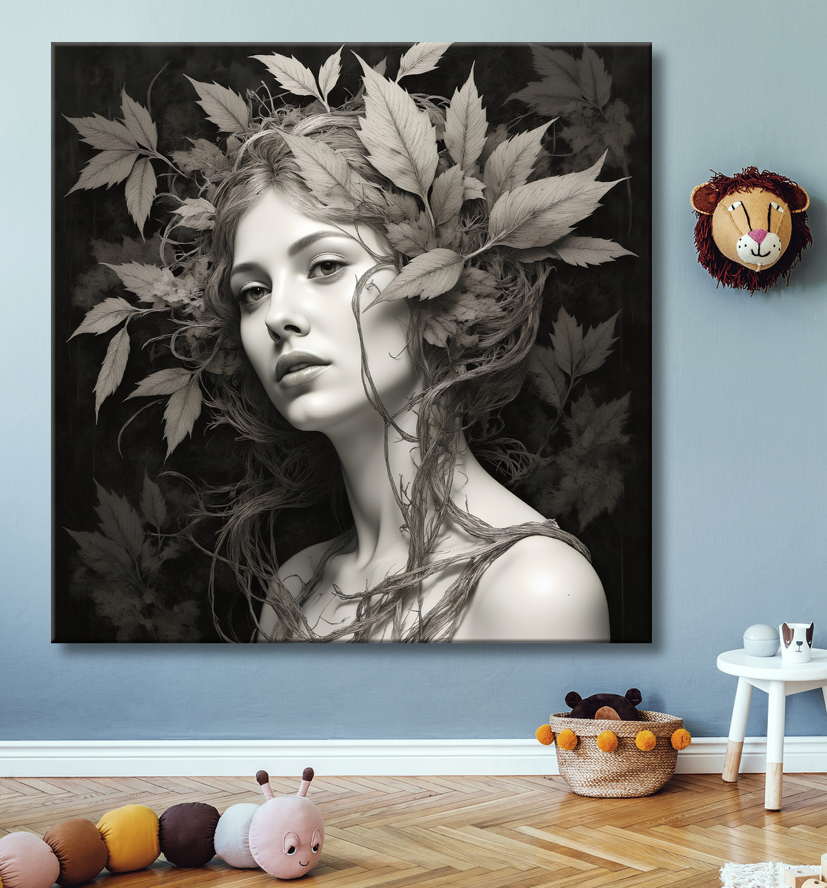 Tableau portrait féminin mystique et végétal avec decor