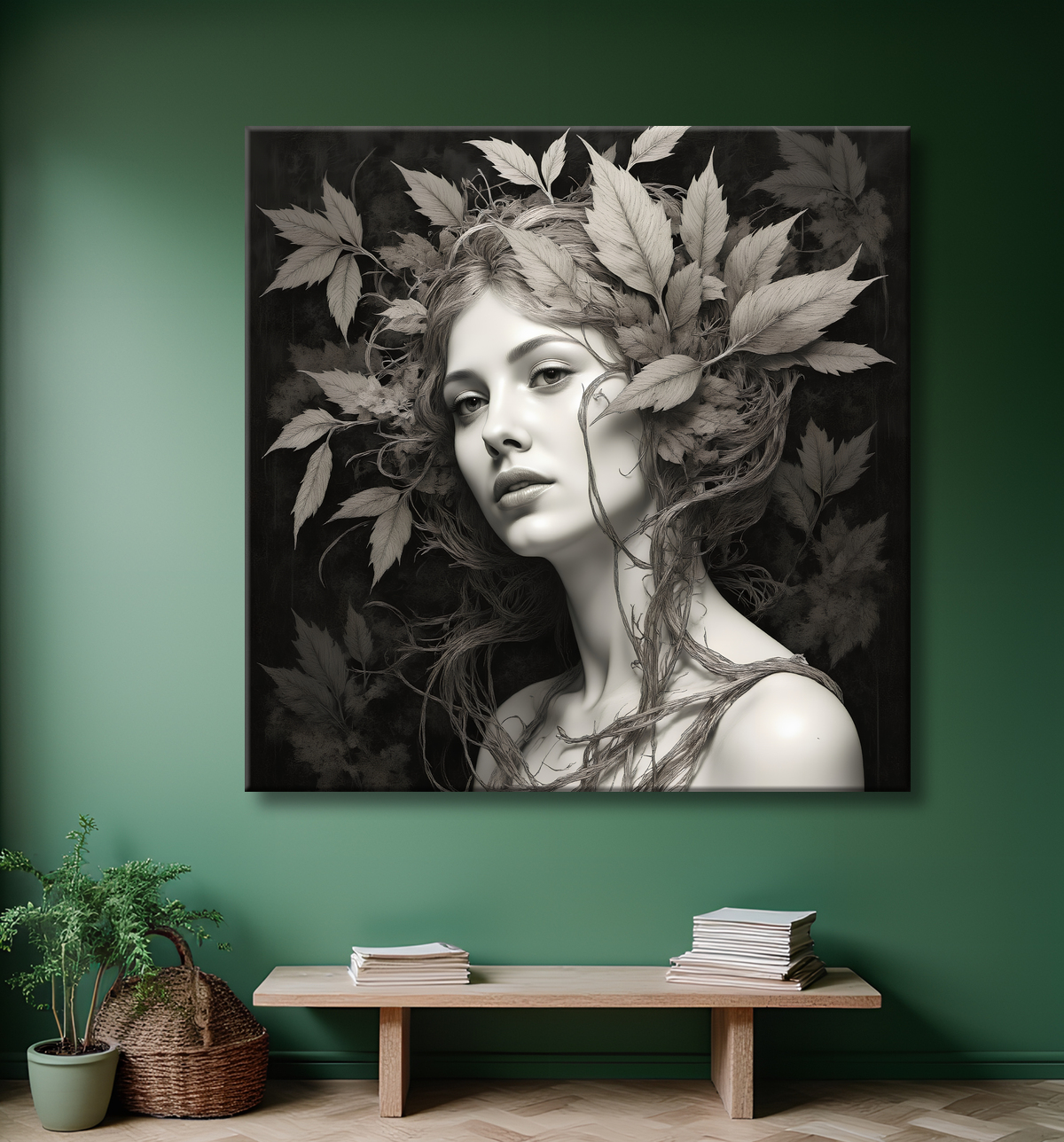 Tableau portrait féminin mystique et végétal avec decor