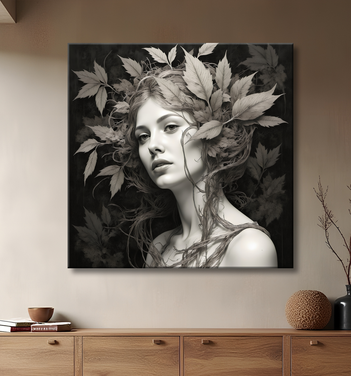 Tableau portrait féminin mystique et végétal avec decor