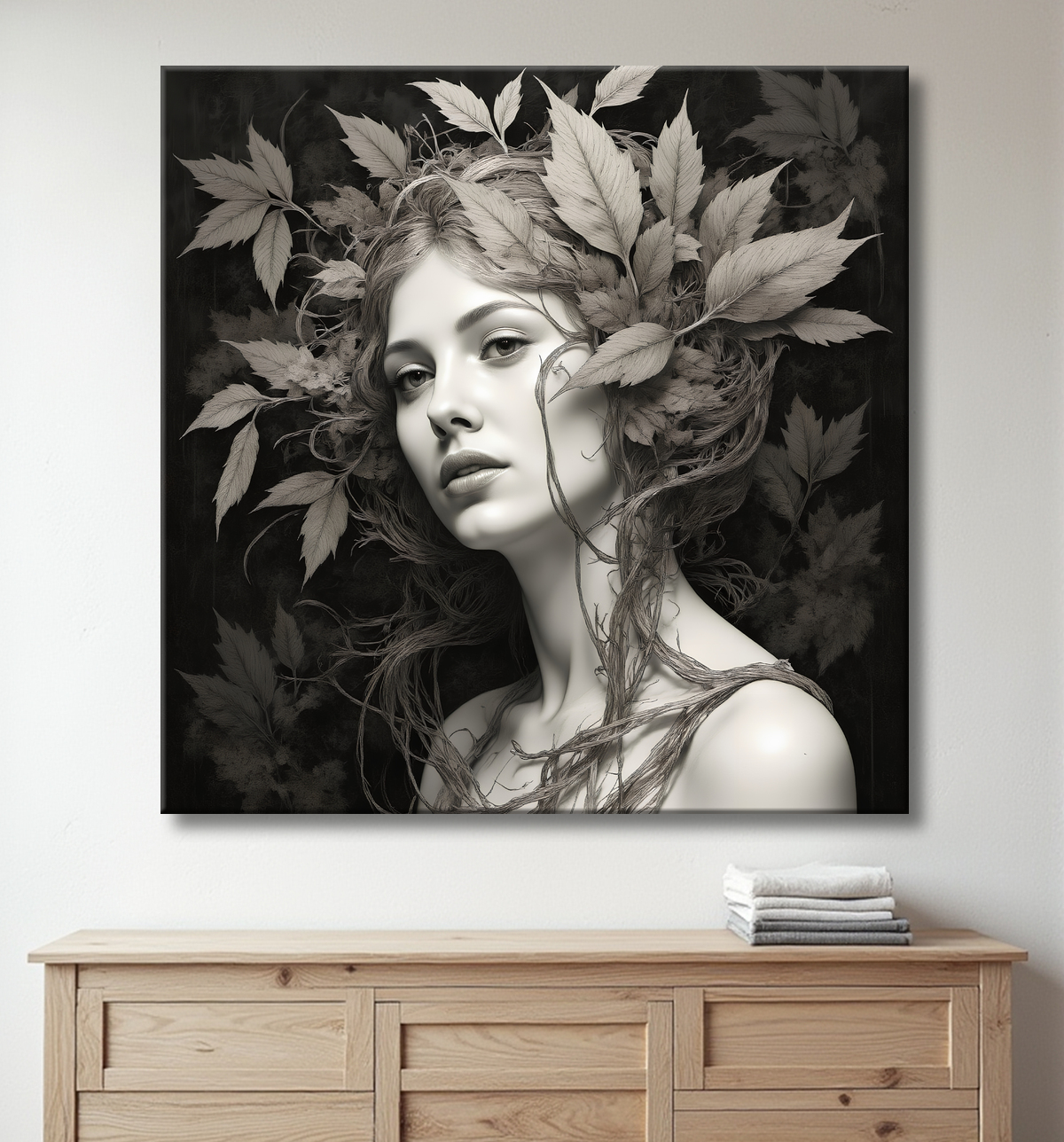 Tableau portrait féminin mystique et végétal avec decor