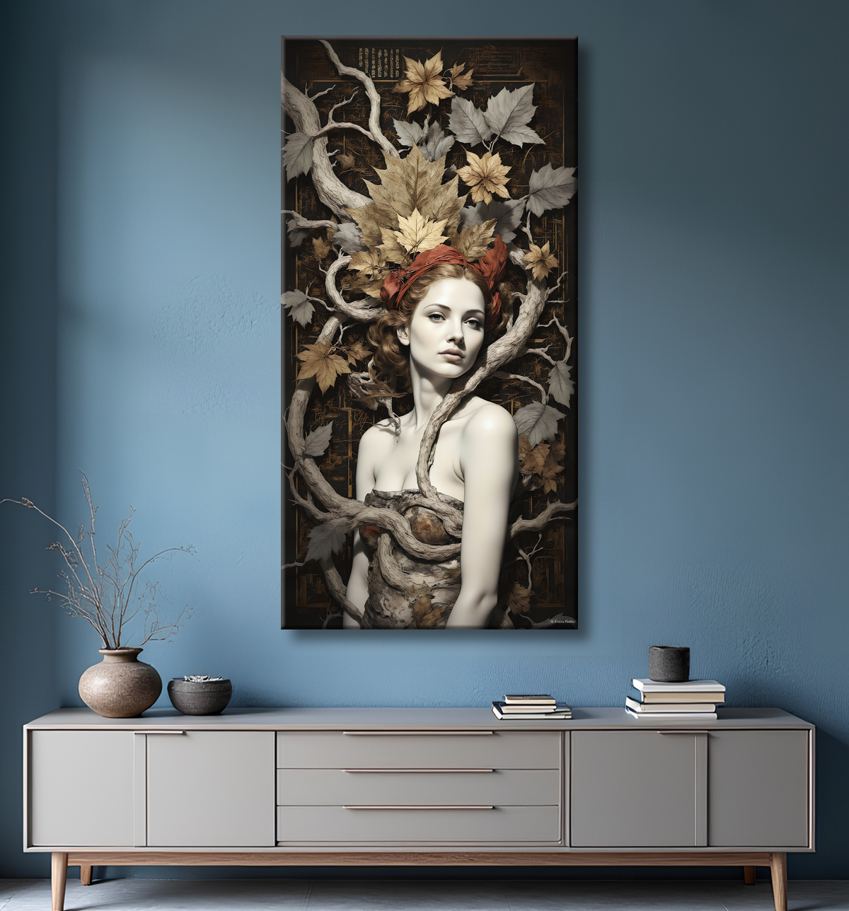 Tableau portrait féminin mystique et végétal avec decor