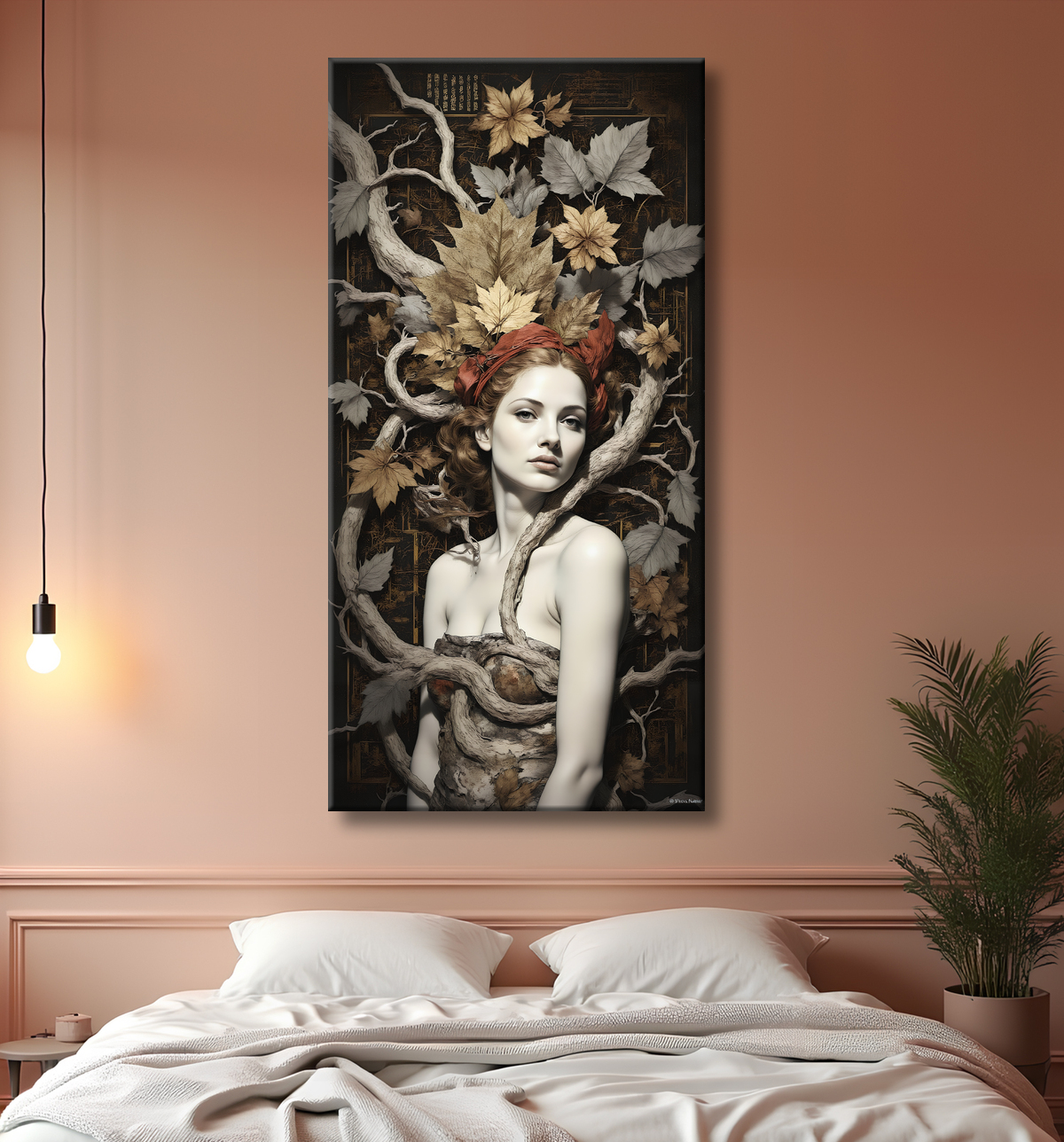Tableau portrait féminin mystique et végétal avec decor