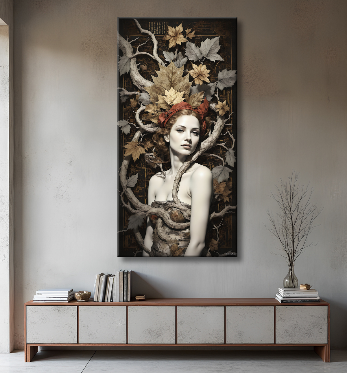 Tableau portrait féminin mystique et végétal avec decor